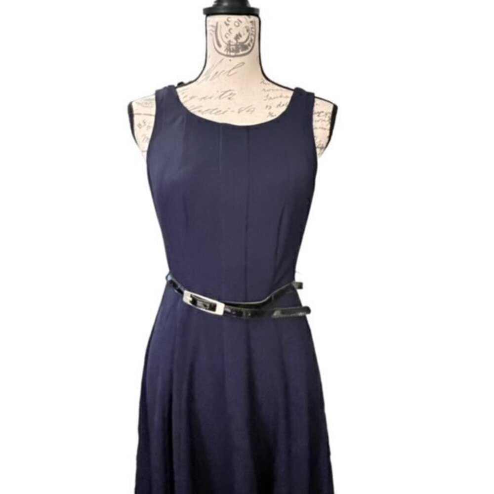 NY&C Womens Fit & Flare Dress Size 4 Sleeveless Belted Lined Full Skirt Blue EUC - Picture 3 of 15